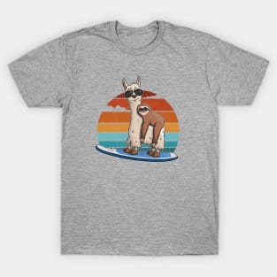 Sloth on Llama Stand Up Paddle Retro T-Shirt